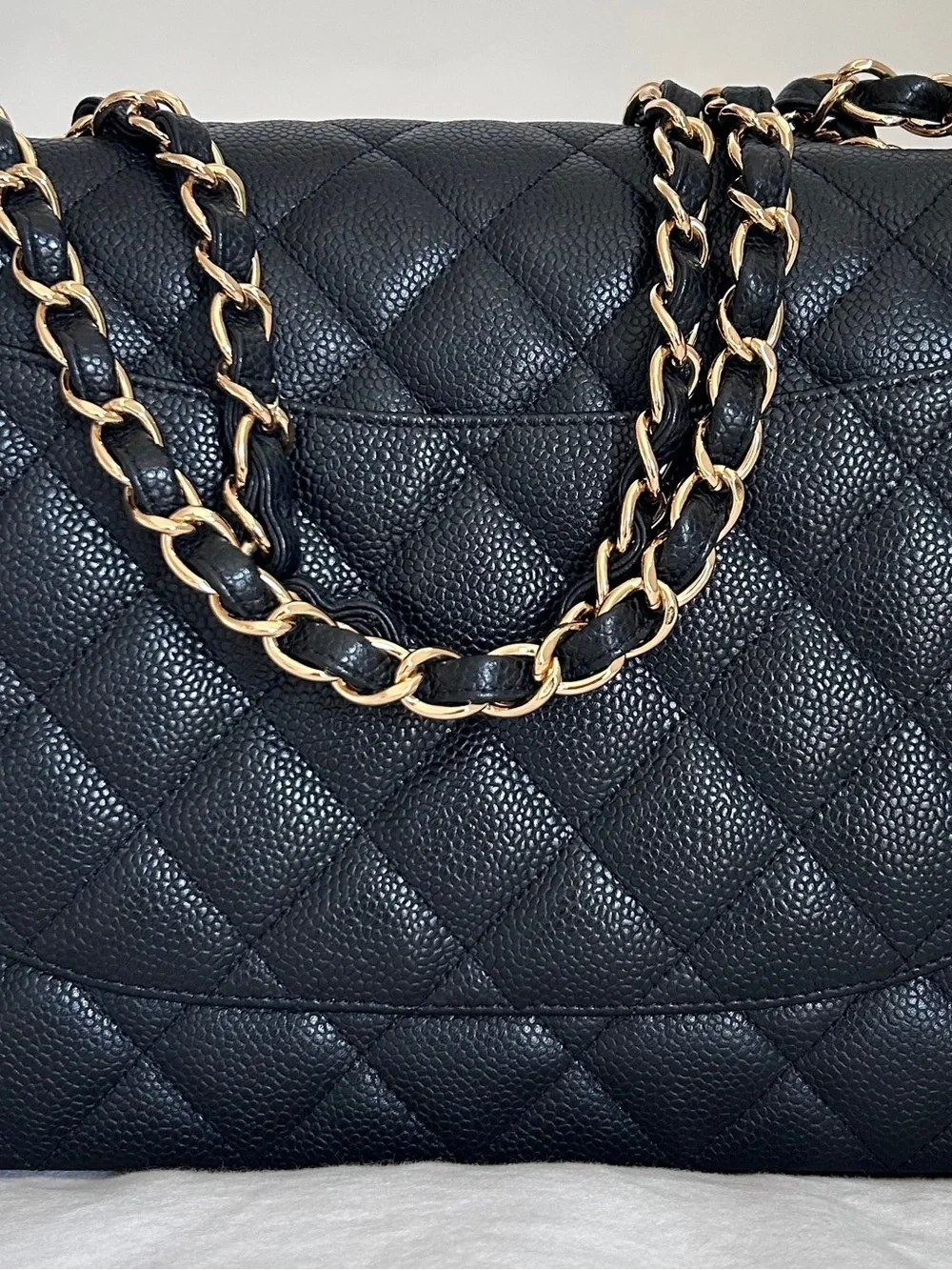 CHANEL vintage Black Jumbo Single Flap Caviar Leather Shoulder Bag with Gold